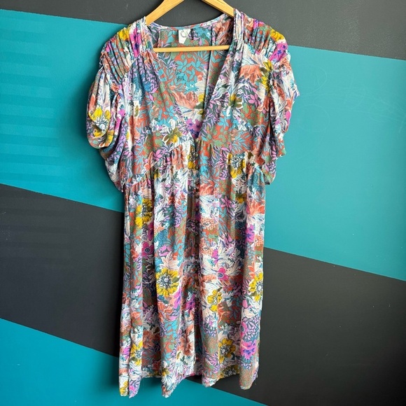 Anthropologie Flutter Sleeve Asymmetrical Tunic Dress Blue Pink - Picture 3 of 14